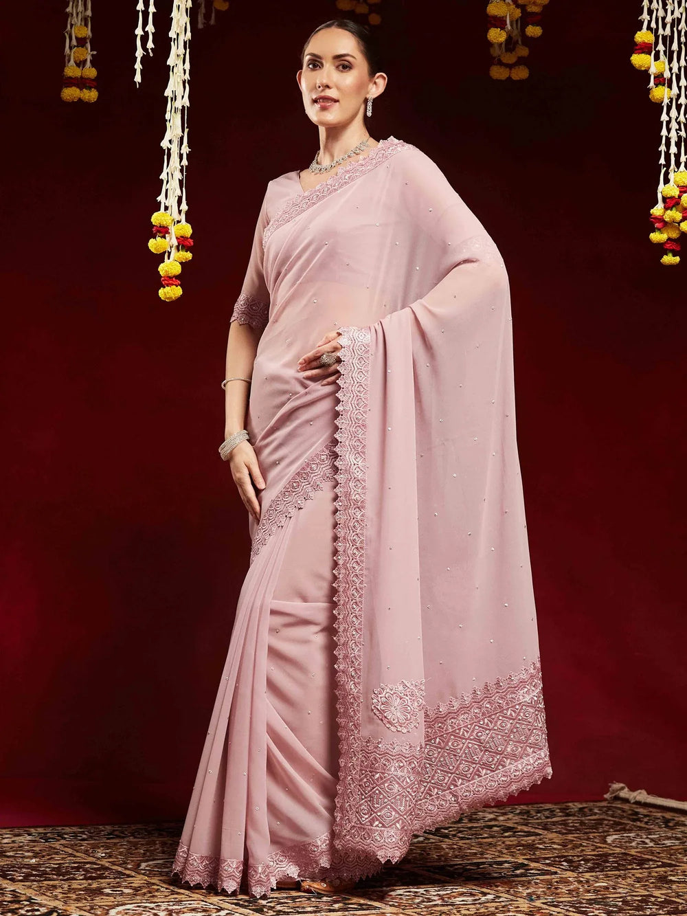 Mauve Party Wear Georgette Embellished Saree - The Dori Store
