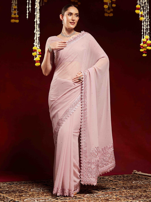 Pink Mauve Party Wear Georgette Embellished Saree