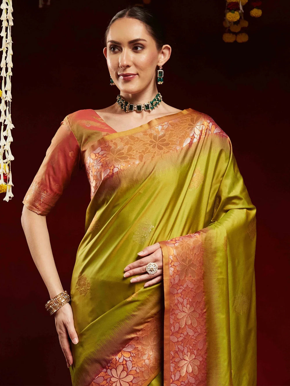 Olive Paithani Soft Silk Woven Saree - The Dori Store