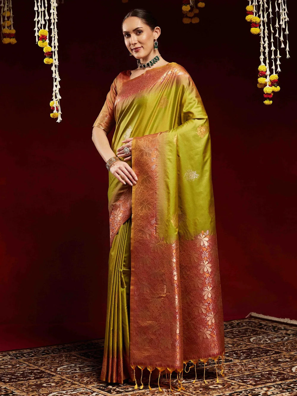 Olive Paithani Soft Silk Woven Saree - The Dori Store