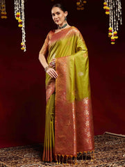 Olive Paithani Soft Silk Woven Saree - The Dori Store