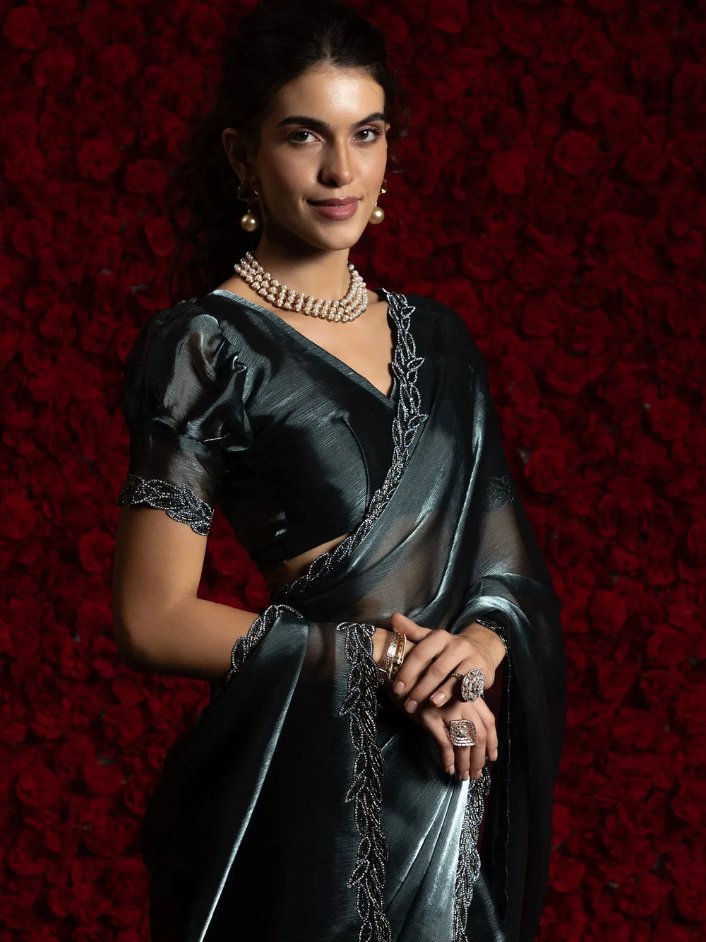 Grey Party Wear Tissue Embellished Saree - The Dori Store