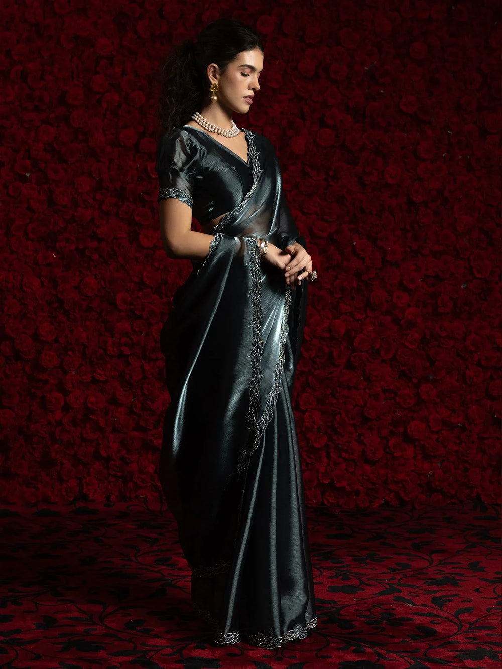 Grey Party Wear Tissue Embellished Saree - The Dori Store