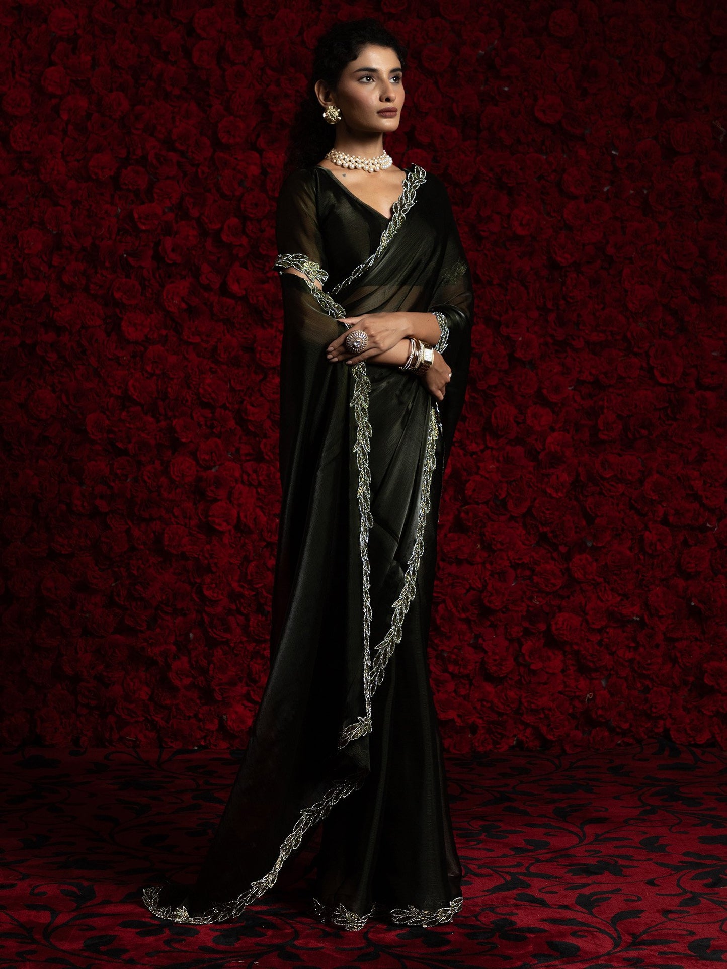 Dark Party Wear Tissue Embellished Saree