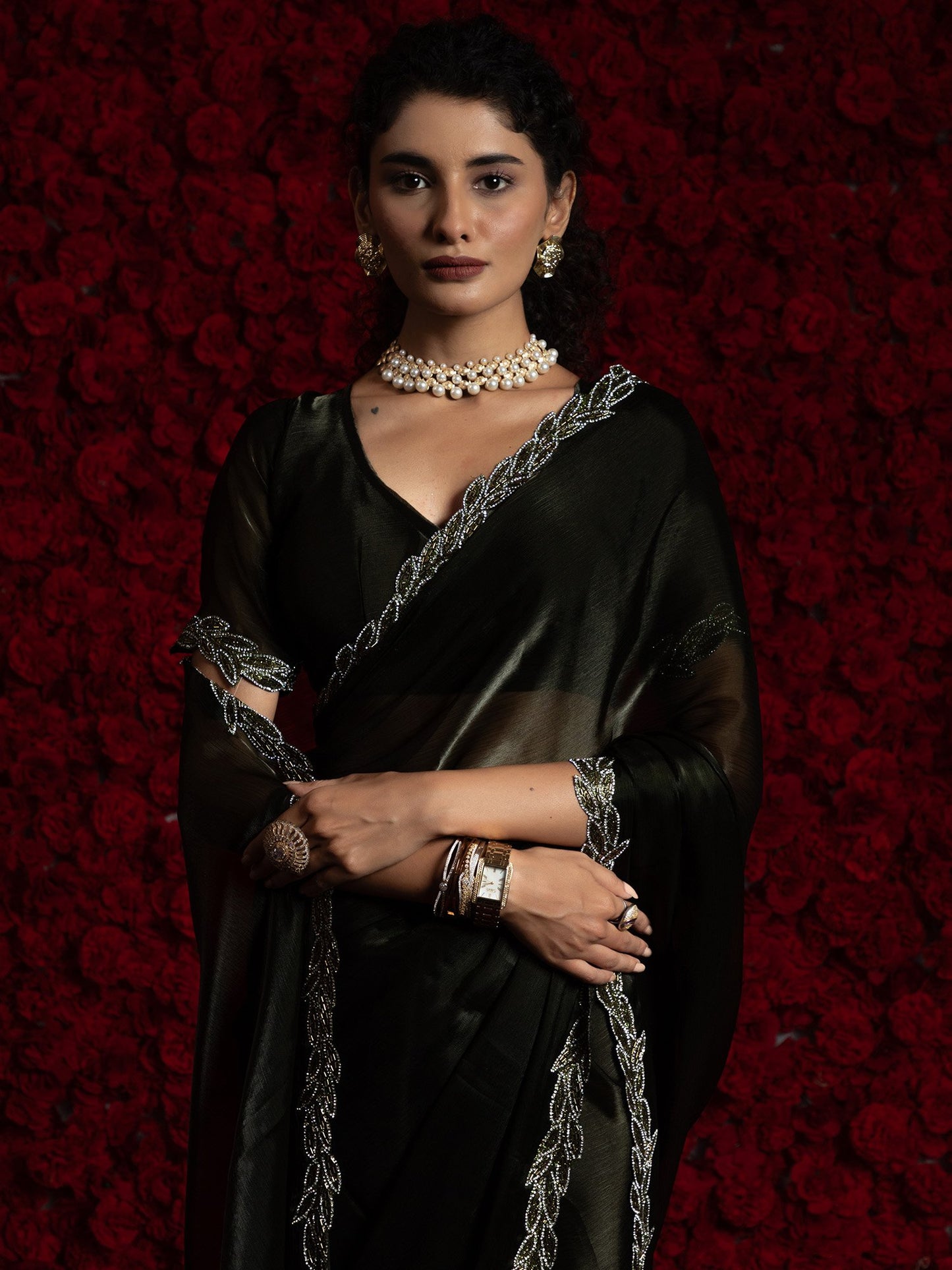 Dark Party Wear Tissue Embellished Saree
