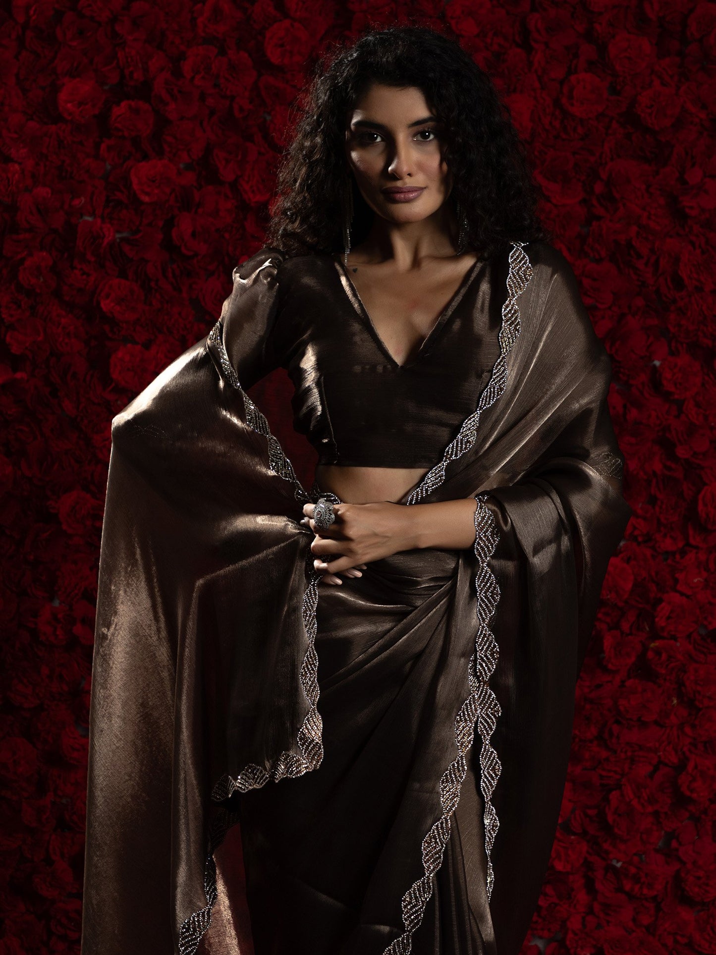 Brown Party Wear Tissue Embellished Saree