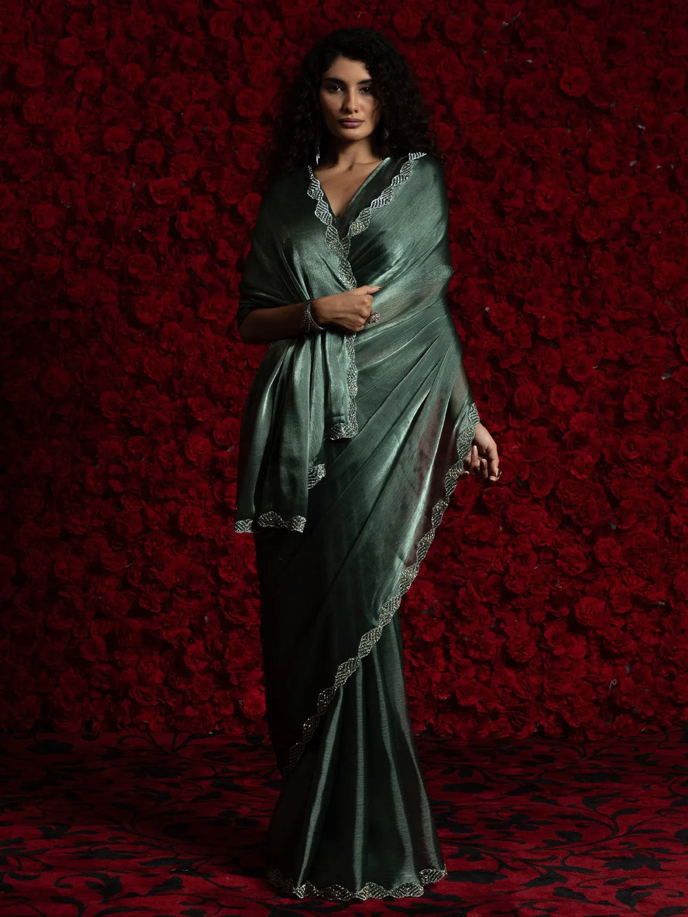 Dark Wine Green Party Wear Tissue Embellished Saree - The Dori Store