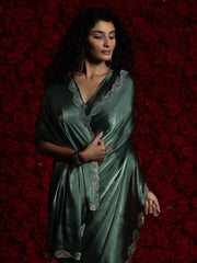 Dark Wine Green Party Wear Tissue Embellished Saree - The Dori Store