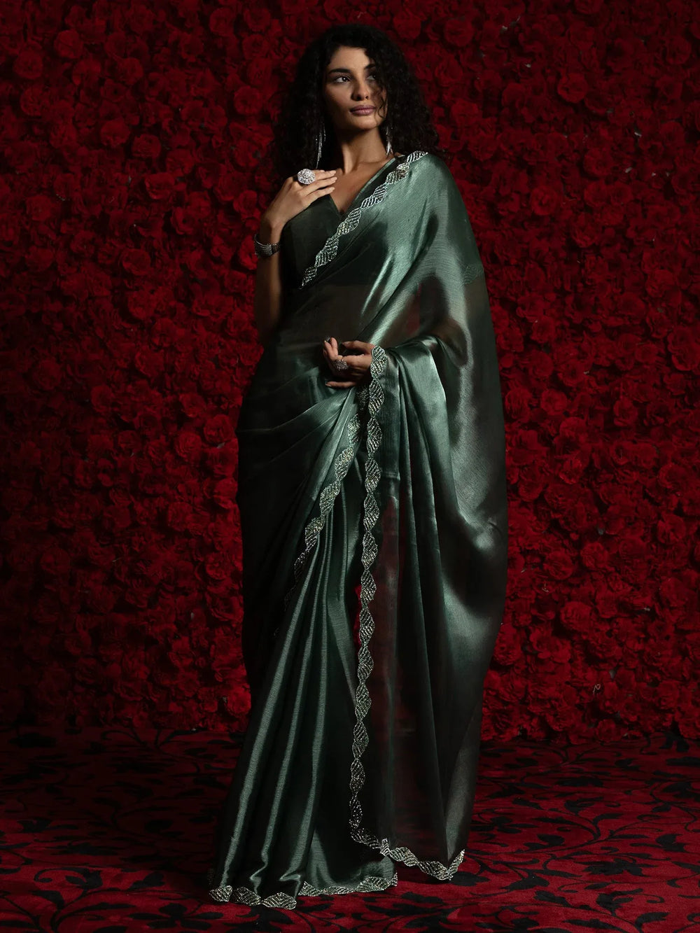 Dark Wine Green Party Wear Tissue Embellished Saree - The Dori Store