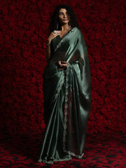 Dark Wine Green Party Wear Tissue Embellished Saree - The Dori Store