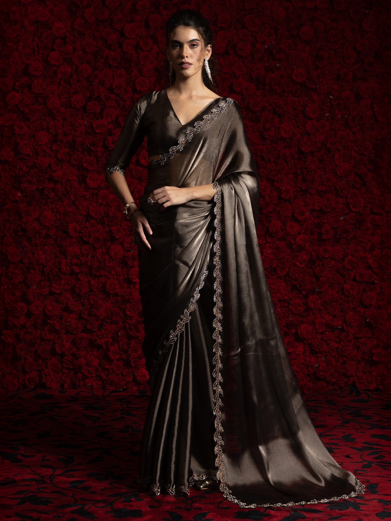 Grey Metallic Party Wear Tissue Embellished Saree