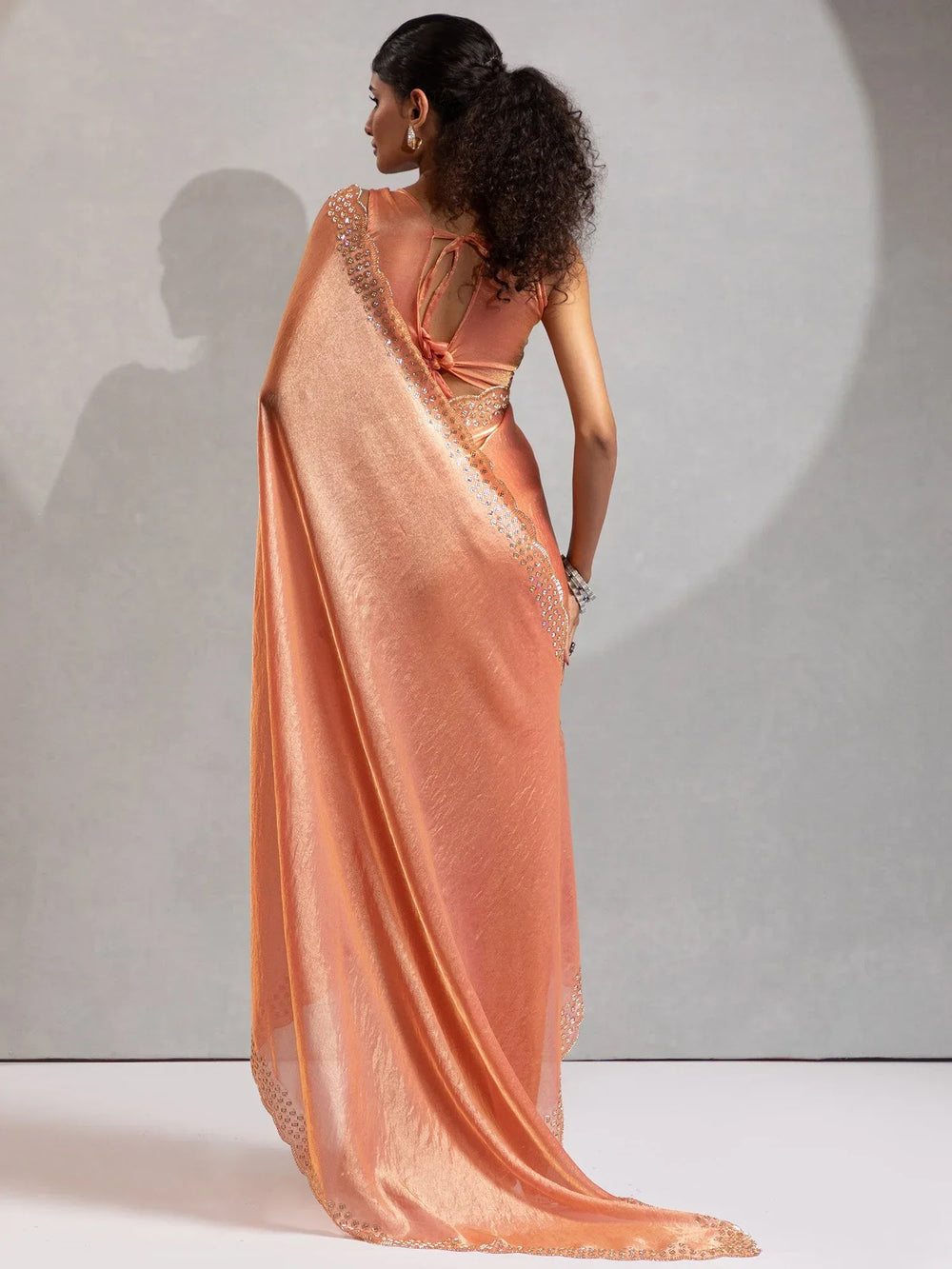 Peach Party Wear Satin Silk Embellished Saree - The Dori Store