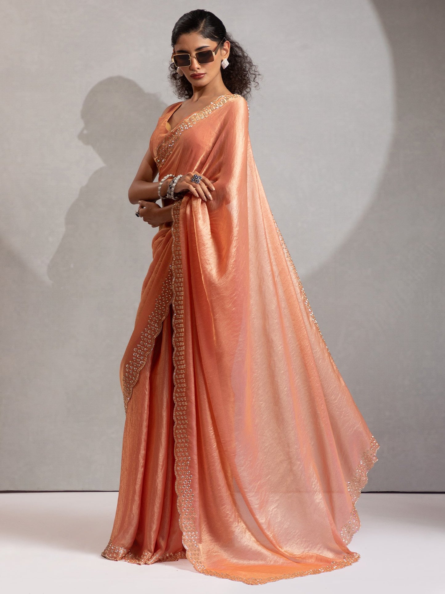 Peach Party Wear Satin Silk Embellished Saree