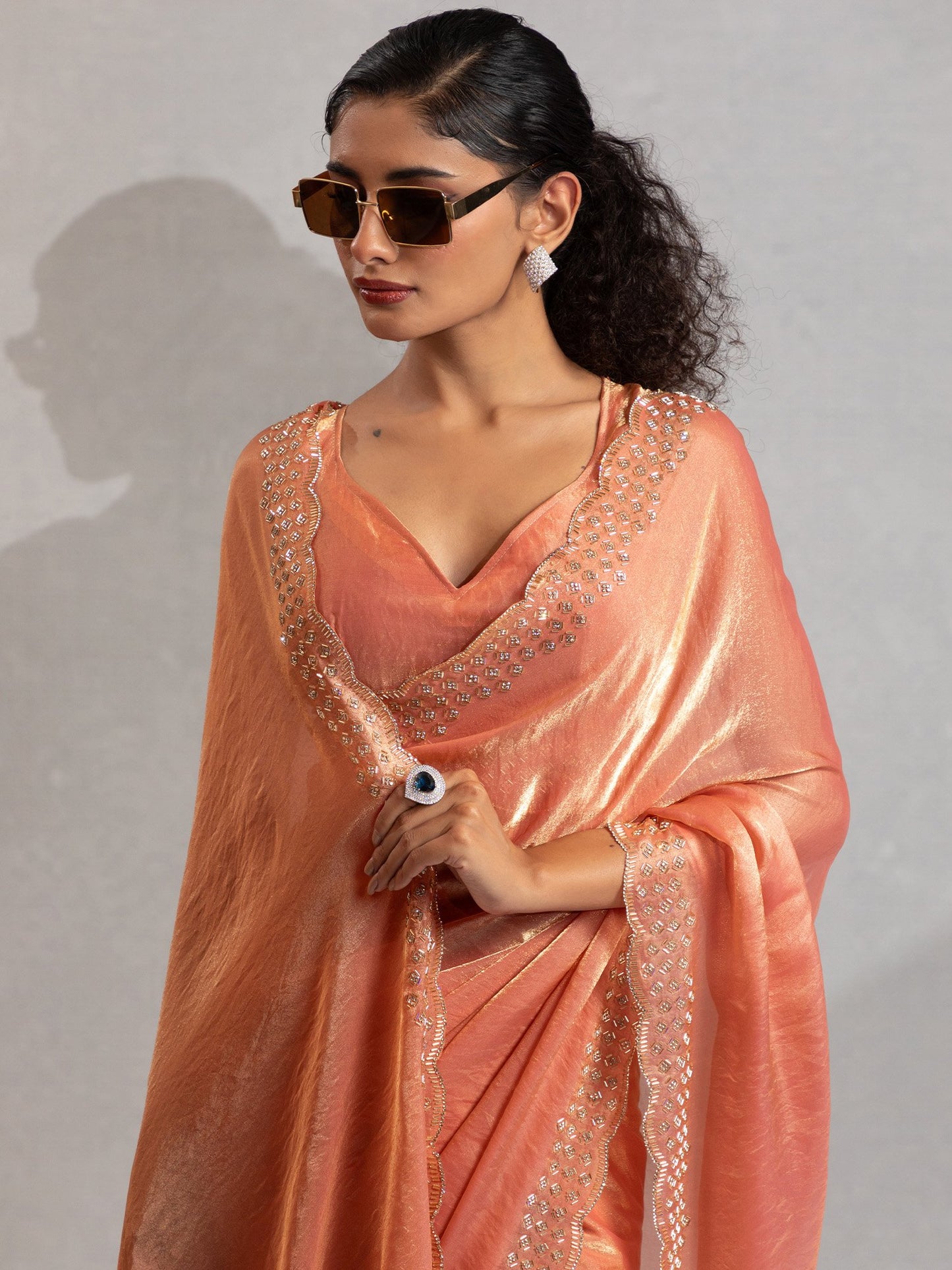 Peach Party Wear Satin Silk Embellished Saree