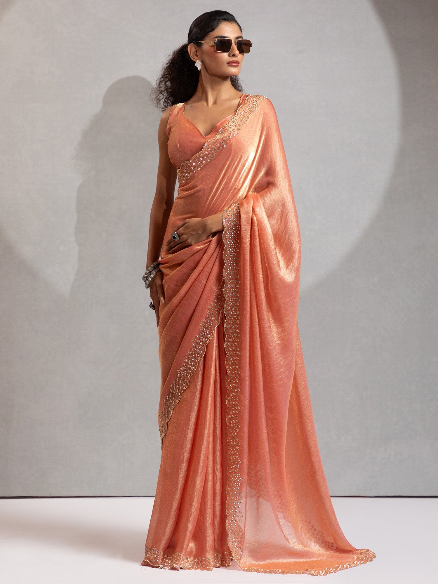 Pink Peach Party Wear Satin Silk Embellished Saree