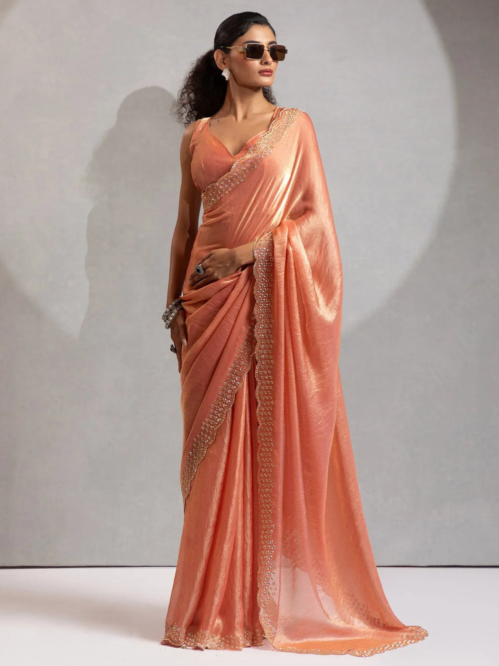 Peach Party Wear Satin Silk Embellished Saree - The Dori Store