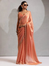 Peach Party Wear Satin Silk Embellished Saree - The Dori Store