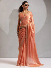Peach Party Wear Satin Silk Embellished Saree - The Dori Store
