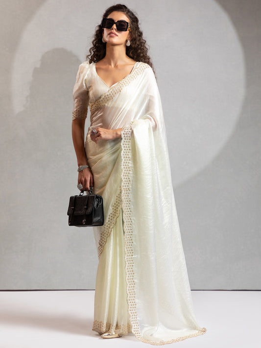 White Off Party Wear Satin Silk Embellished Saree