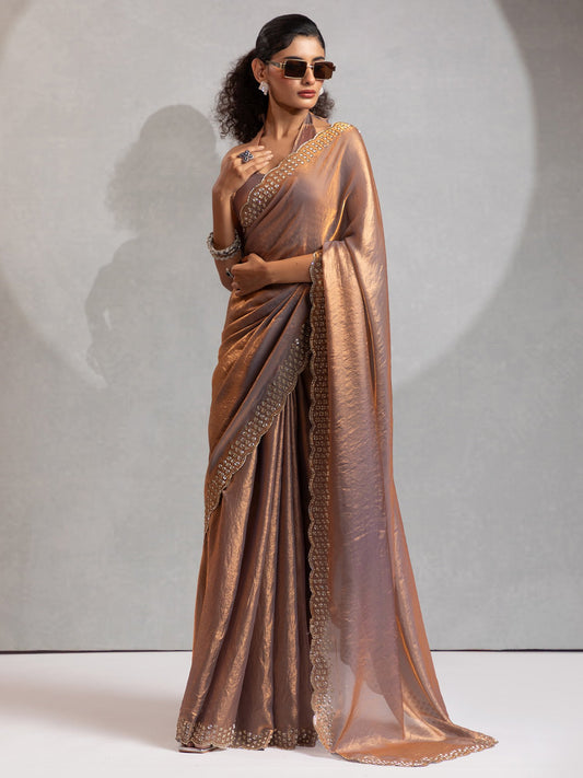 Brown Metallic Party Wear Satin Silk Embellished Saree
