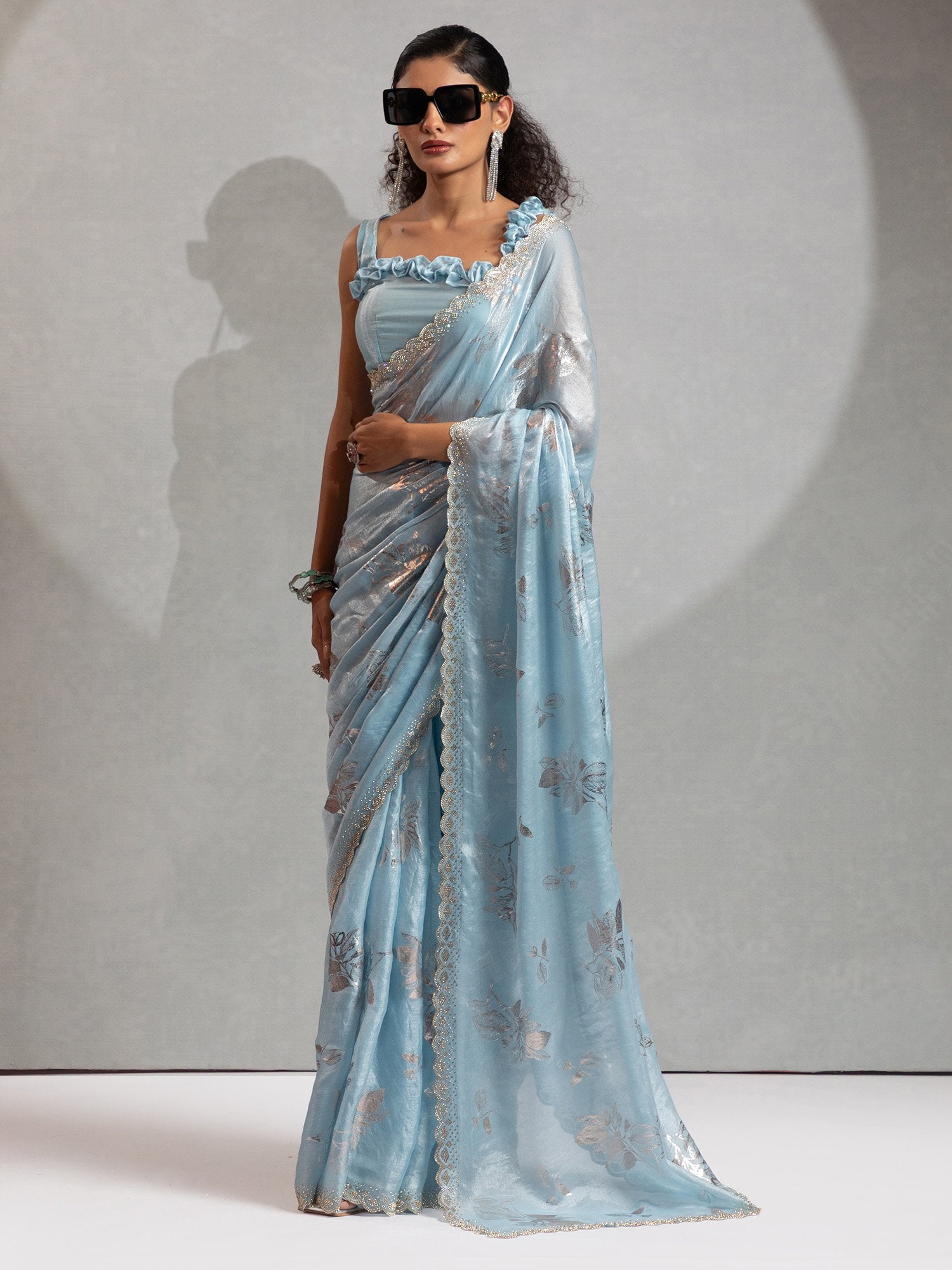 Blue Light Party Wear Satin Silk Embellished Saree