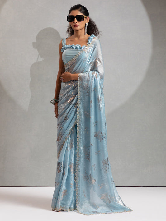 Blue Light Party Wear Satin Silk Embellished Saree