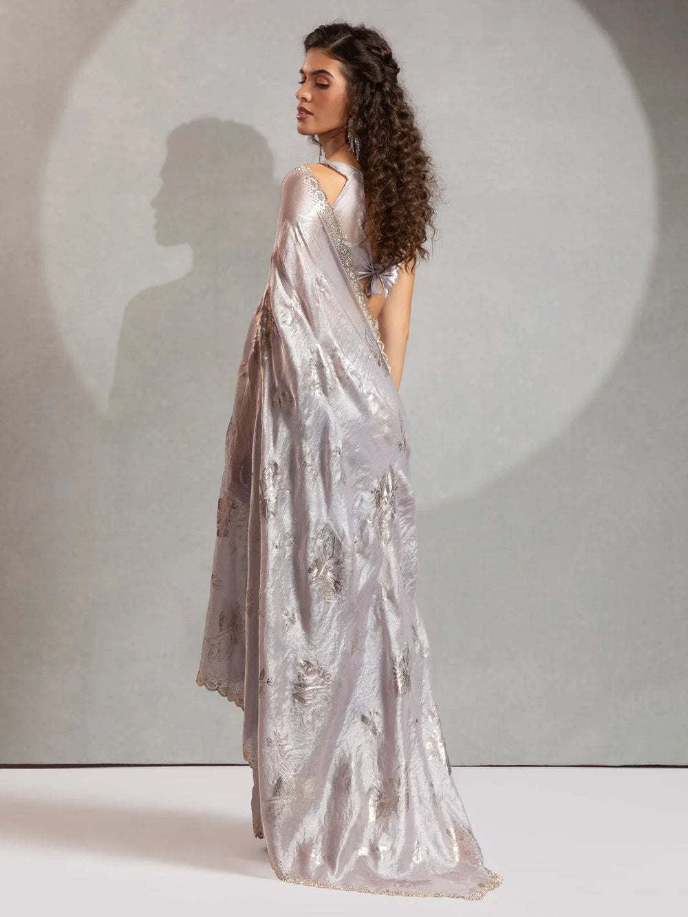 Grey Party Wear Satin Silk Embellished Saree - The Dori Store
