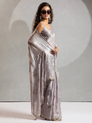 Grey Party Wear Satin Silk Embellished Saree - The Dori Store
