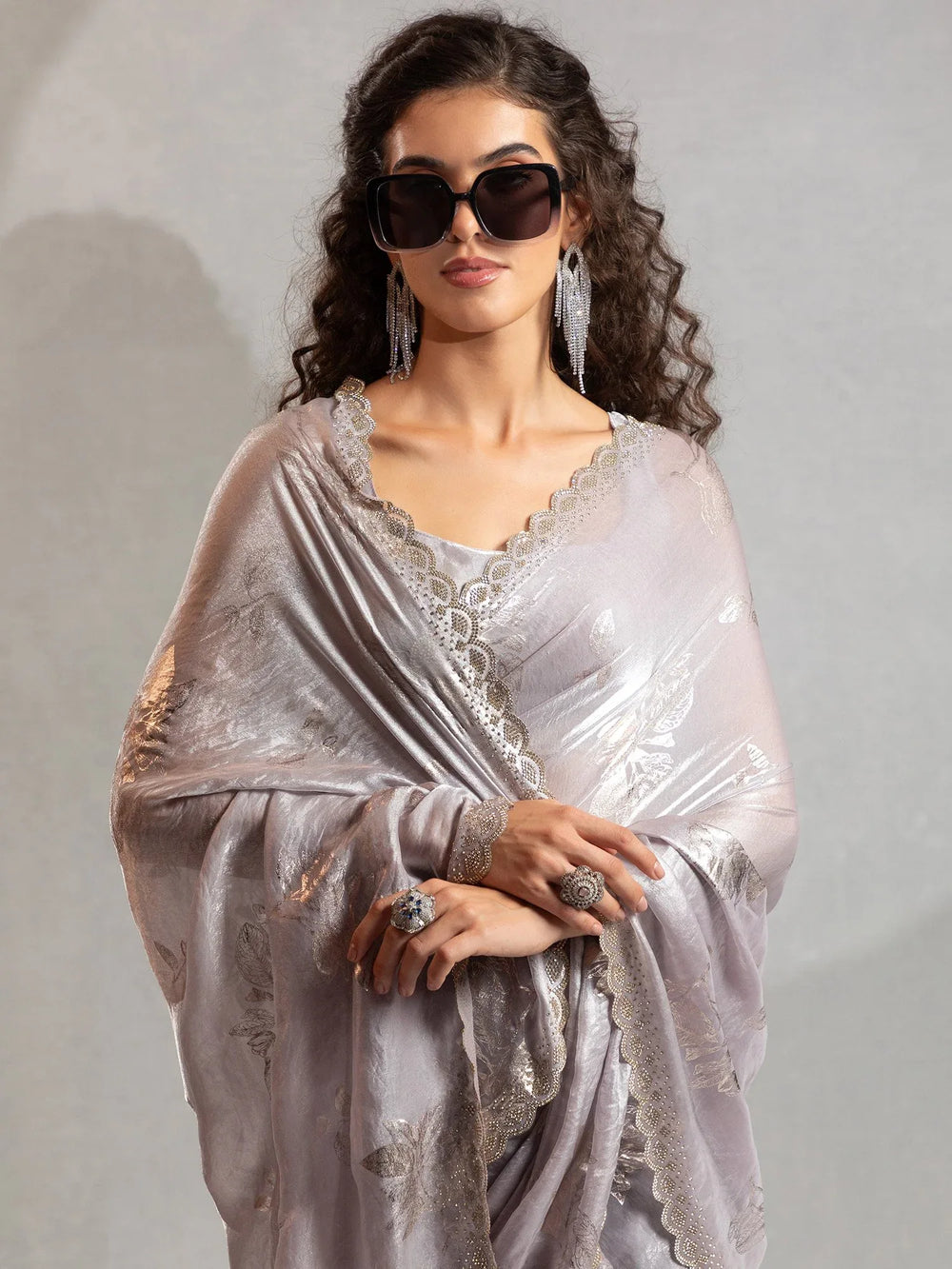 Grey Party Wear Satin Silk Embellished Saree - The Dori Store