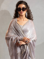 Grey Party Wear Satin Silk Embellished Saree - The Dori Store