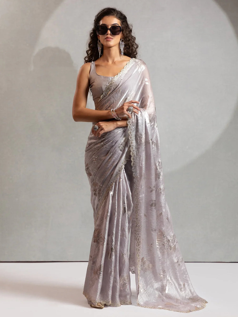 Grey Party Wear Satin Silk Embellished Saree - The Dori Store