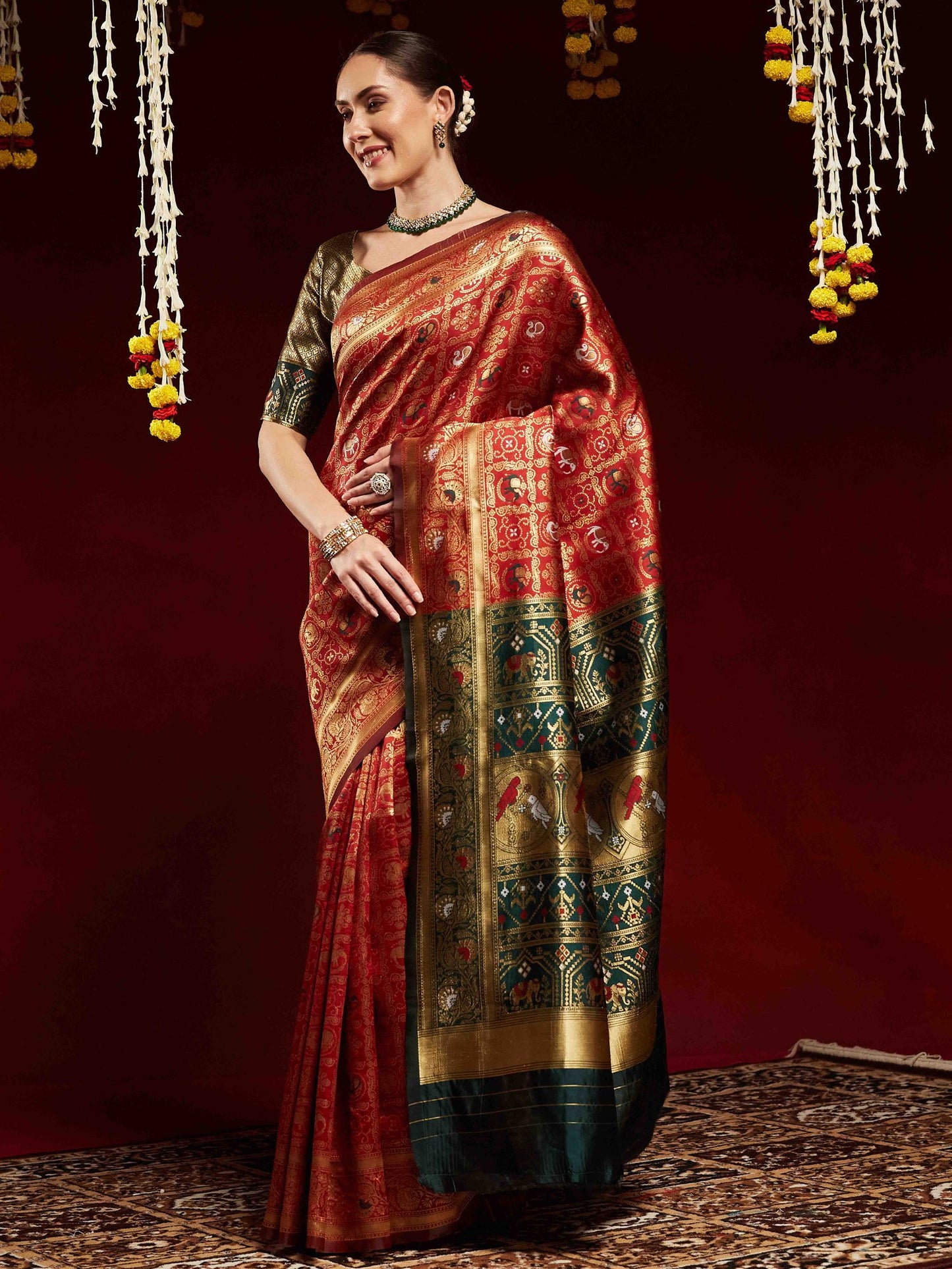 Red Kanjeevaram Litchi Silk Woven Saree