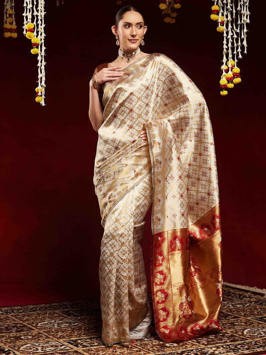 White Grey Kanjeevaram Litchi Silk Woven Saree