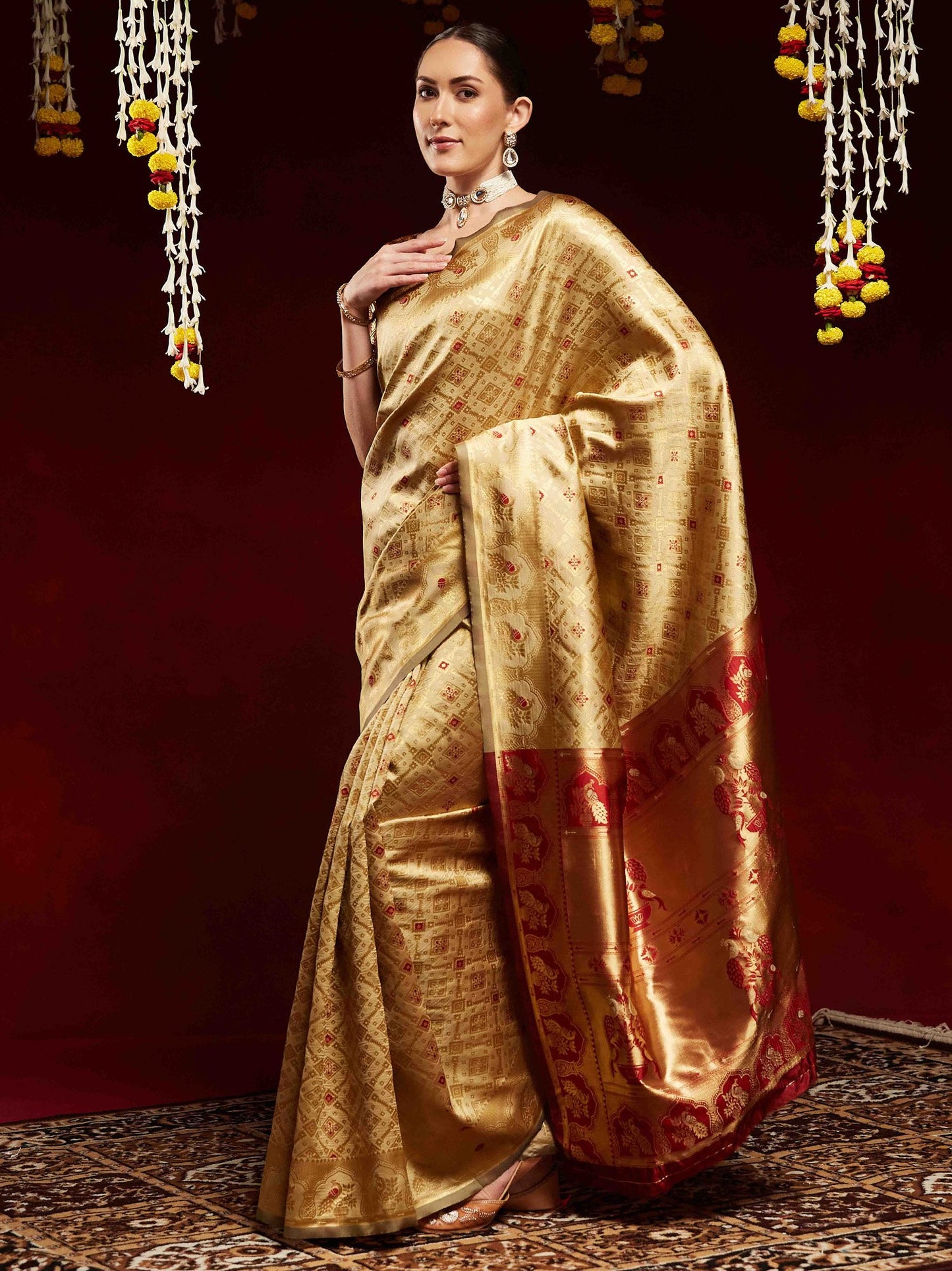 Gold Kanjeevaram Litchi Silk Woven Saree