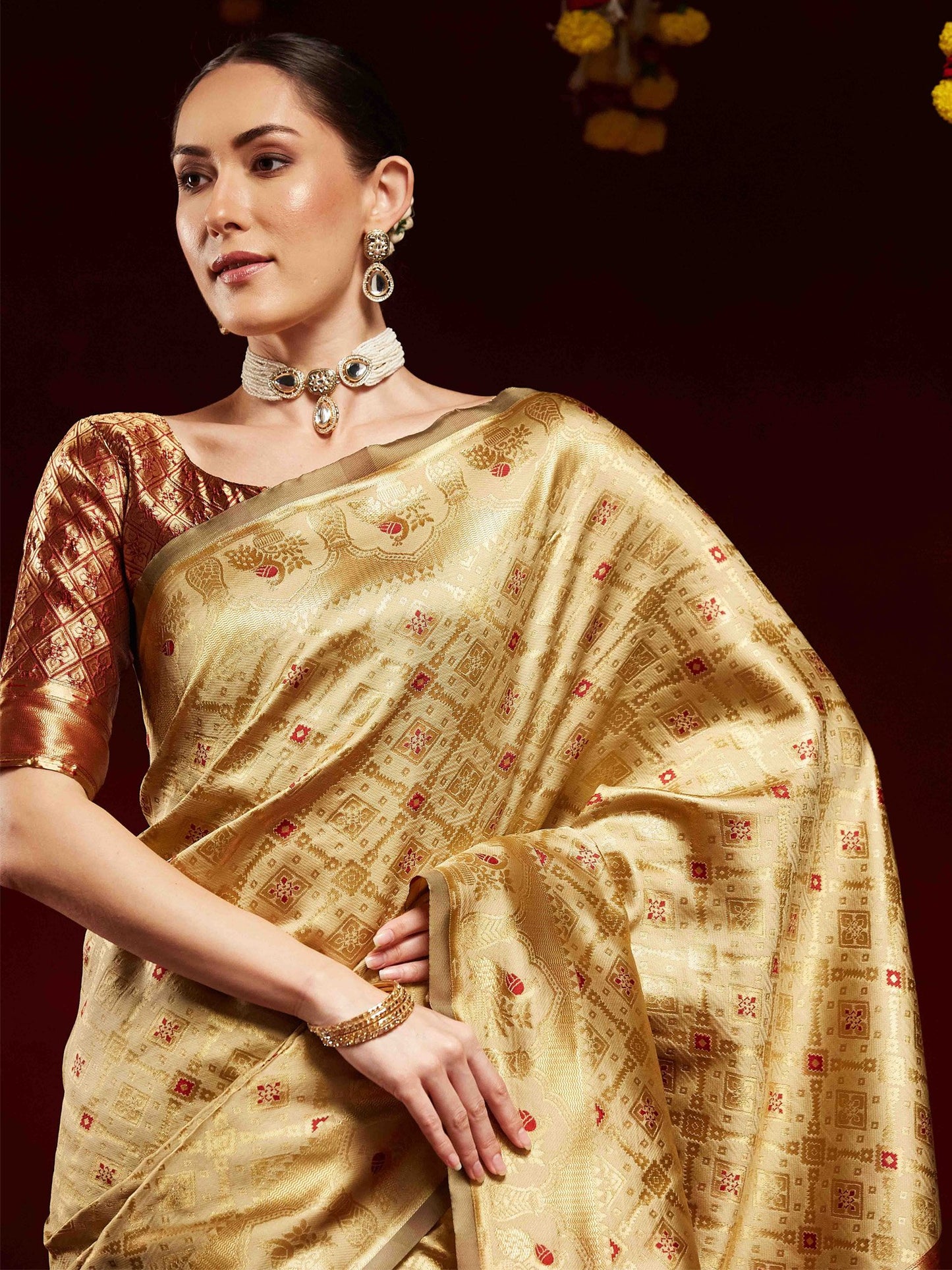 Gold Kanjeevaram Litchi Silk Woven Saree