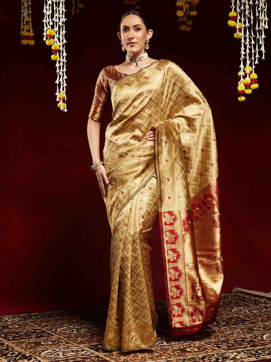 Golden Gold Kanjeevaram Litchi Silk Woven Saree