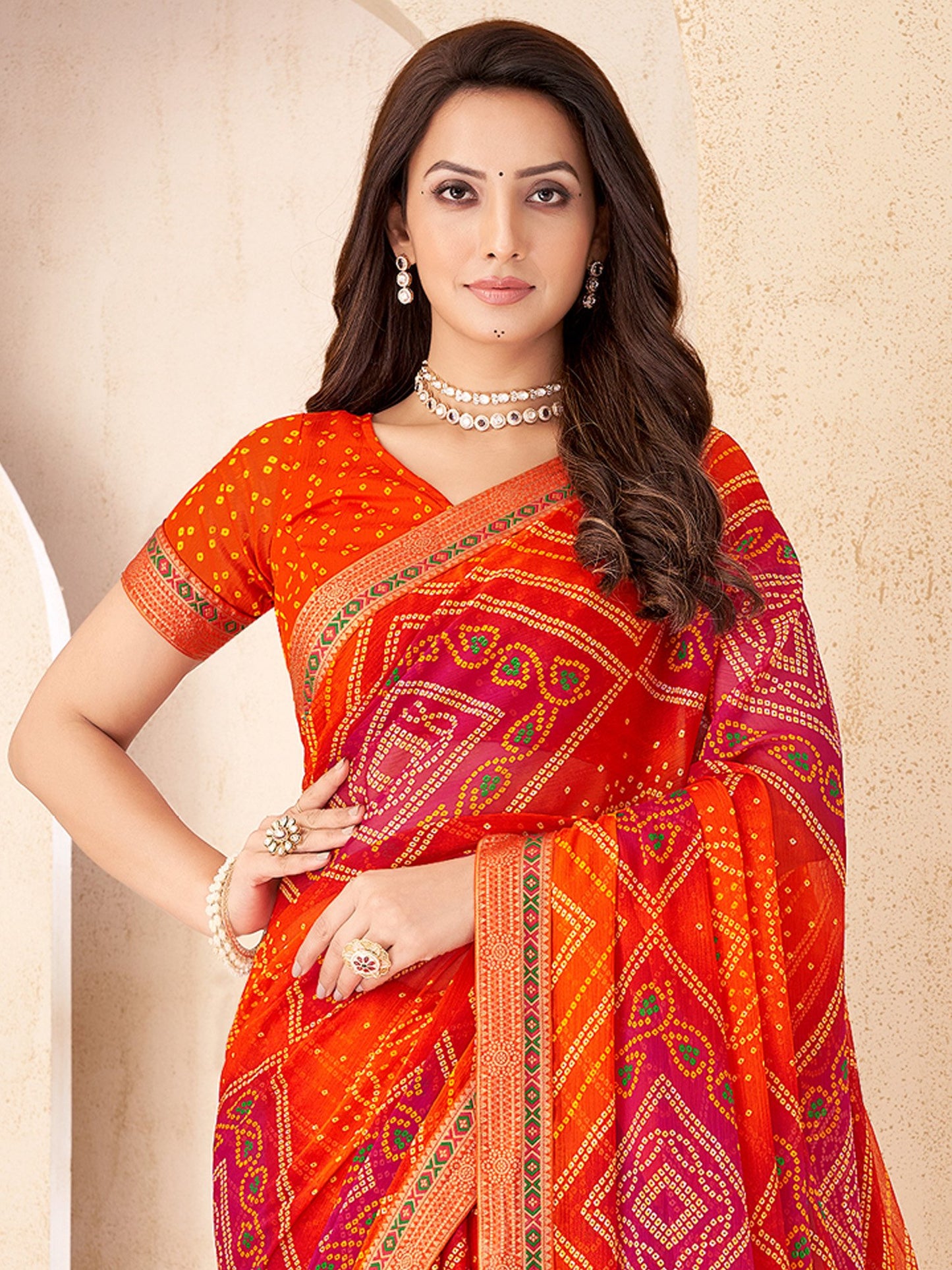 Orange Bandhani Chiffon Embellished Saree