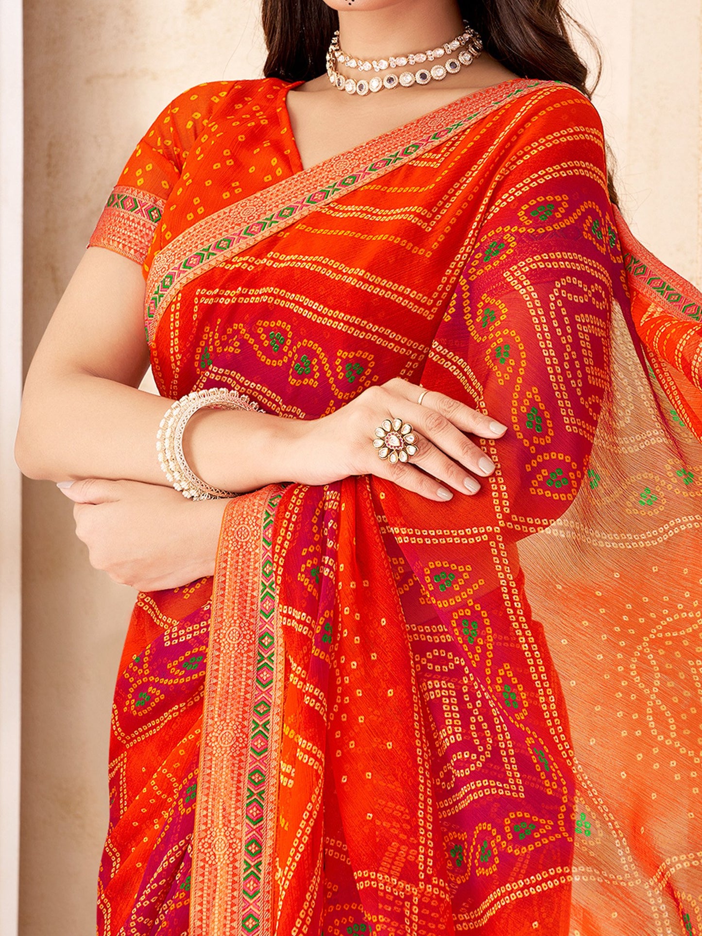 Orange Bandhani Chiffon Embellished Saree
