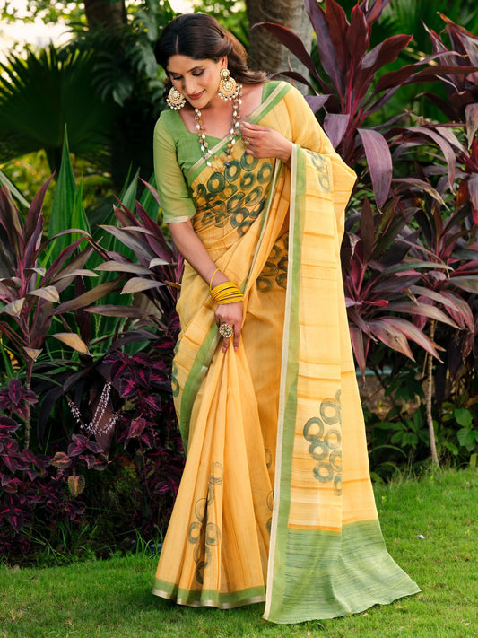 Yellow Yellow Taant Cotton Blend Printed Saree
