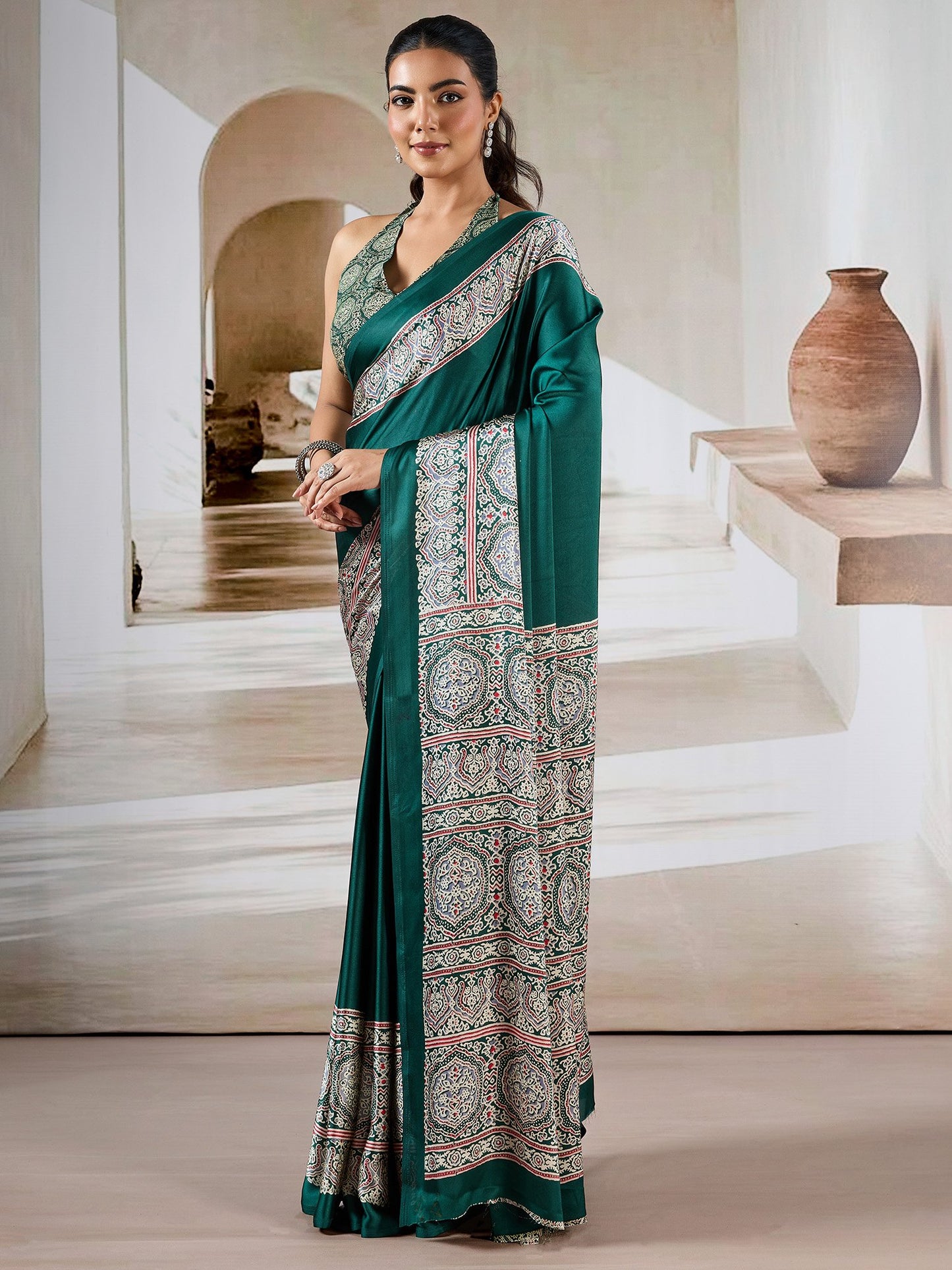 Teal Block Print Satin Printed Saree