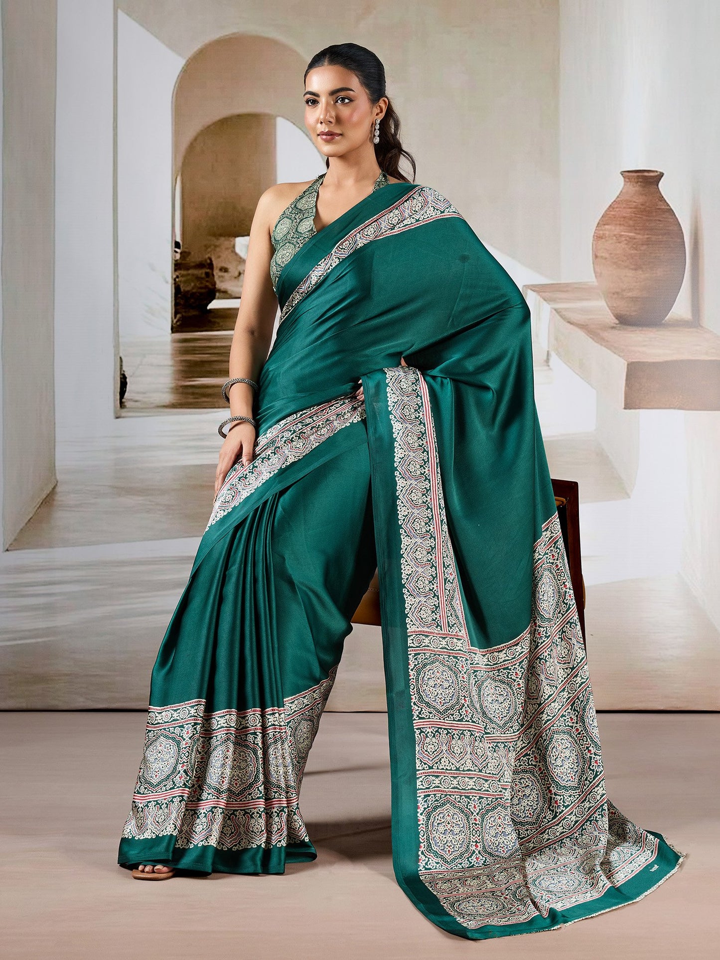 Teal Block Print Satin Printed Saree