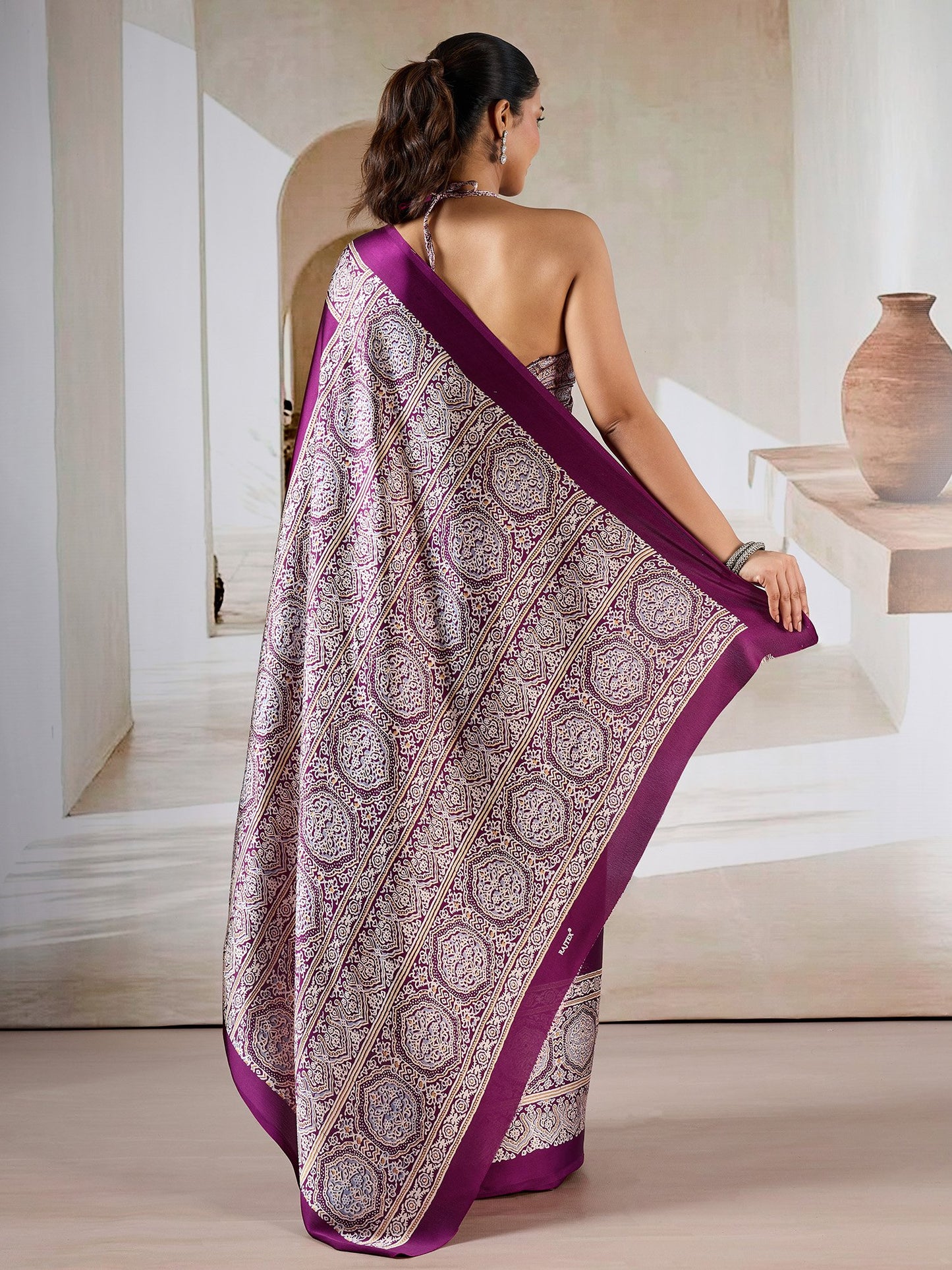 Purple Block Print Satin Printed Saree