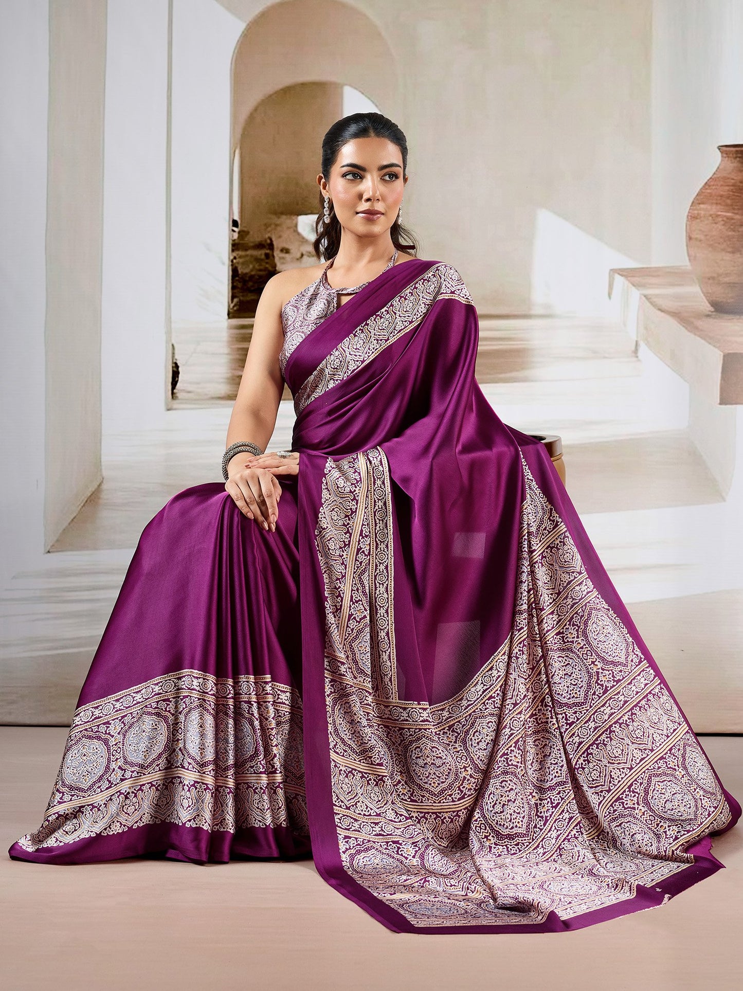 Purple Block Print Satin Printed Saree