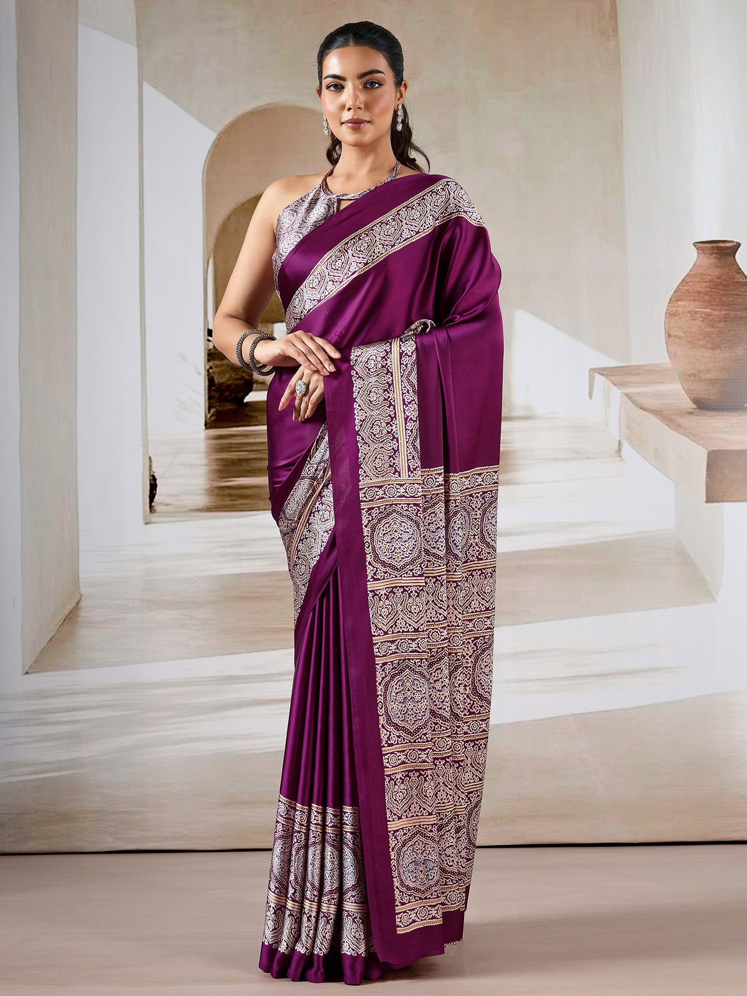Purple Purple Block Print Satin Printed Saree