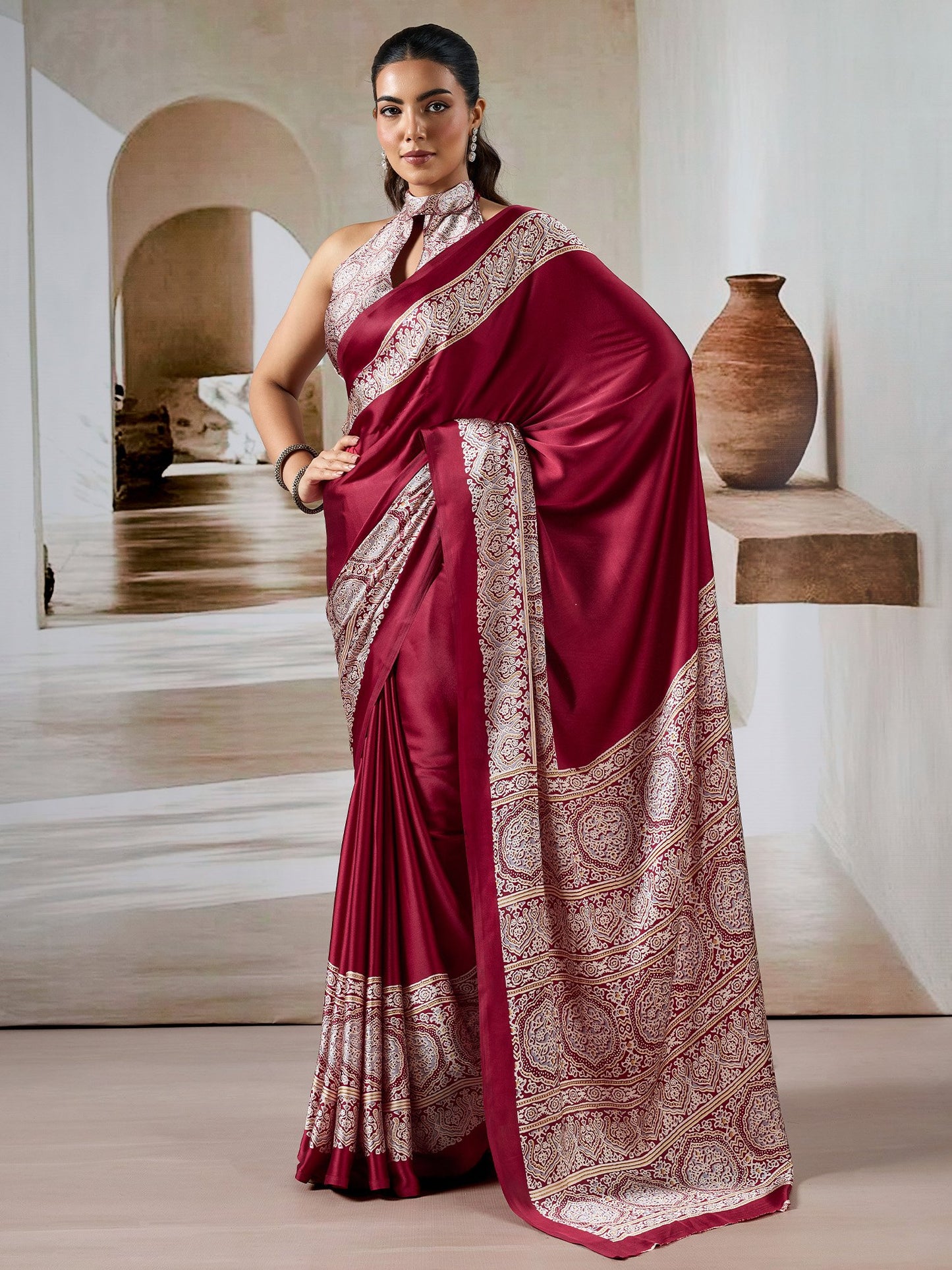 Maroon Block Print Satin Printed Saree