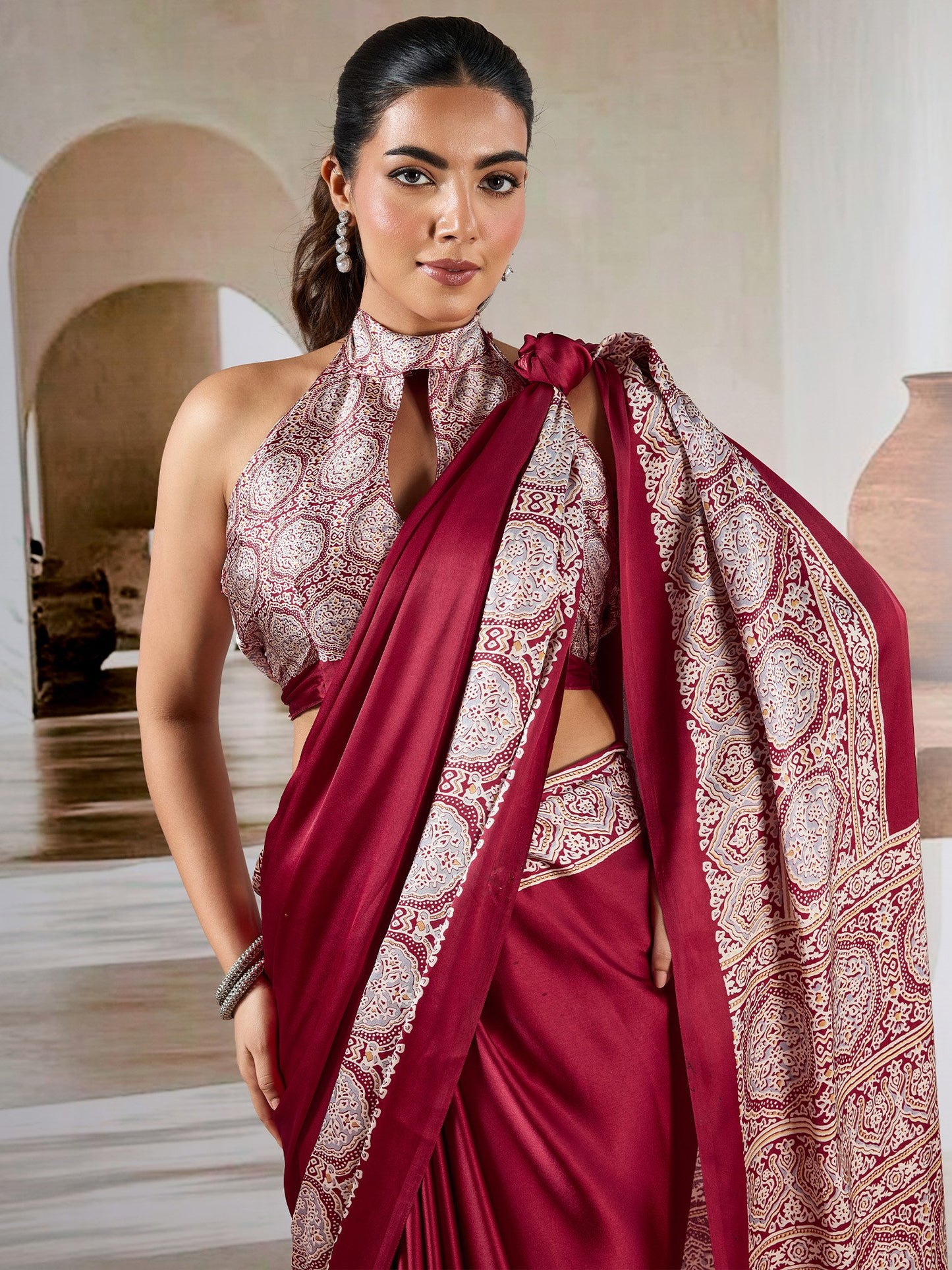 Maroon Block Print Satin Printed Saree