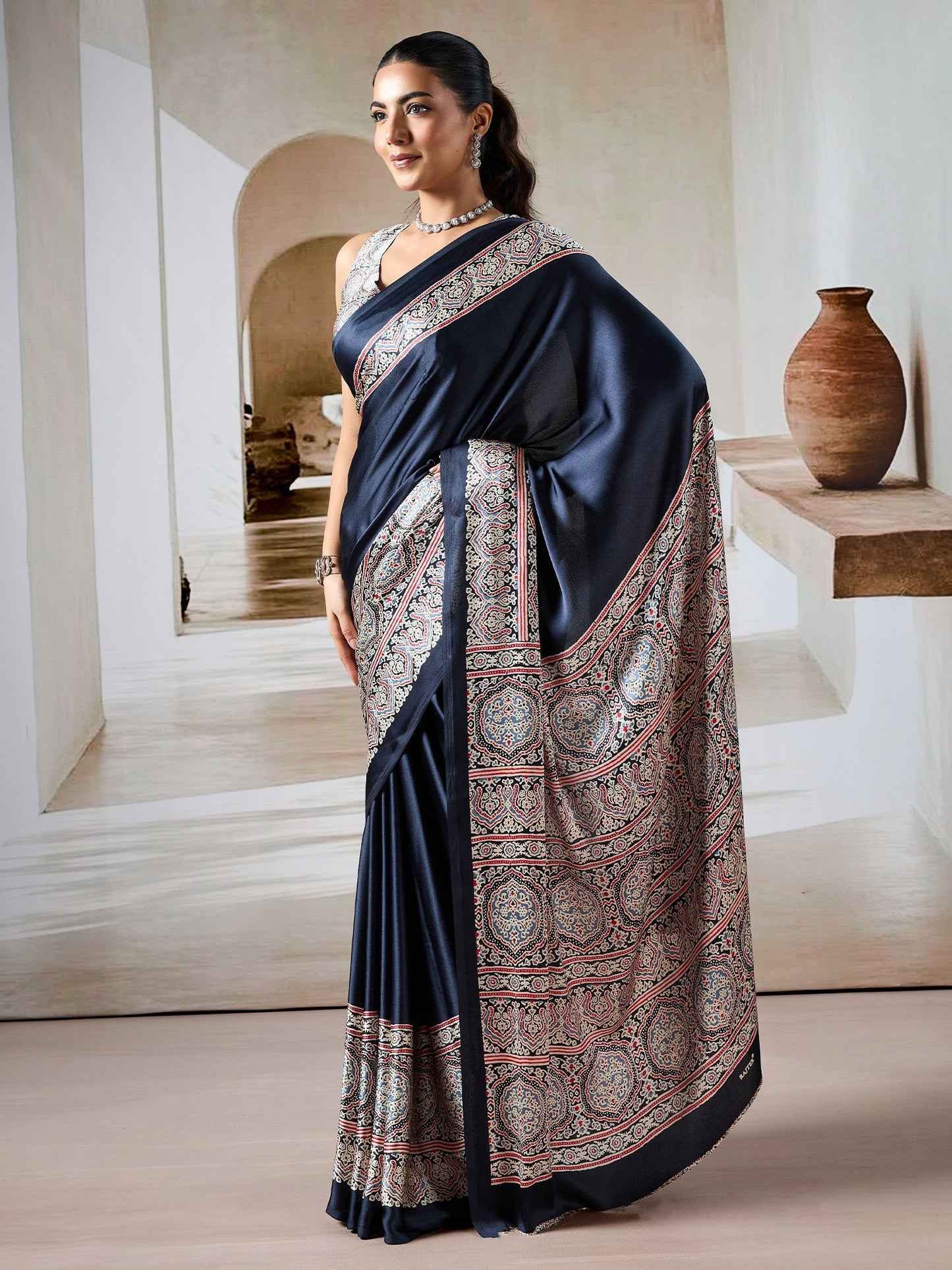 Black Block Print Satin Printed Saree