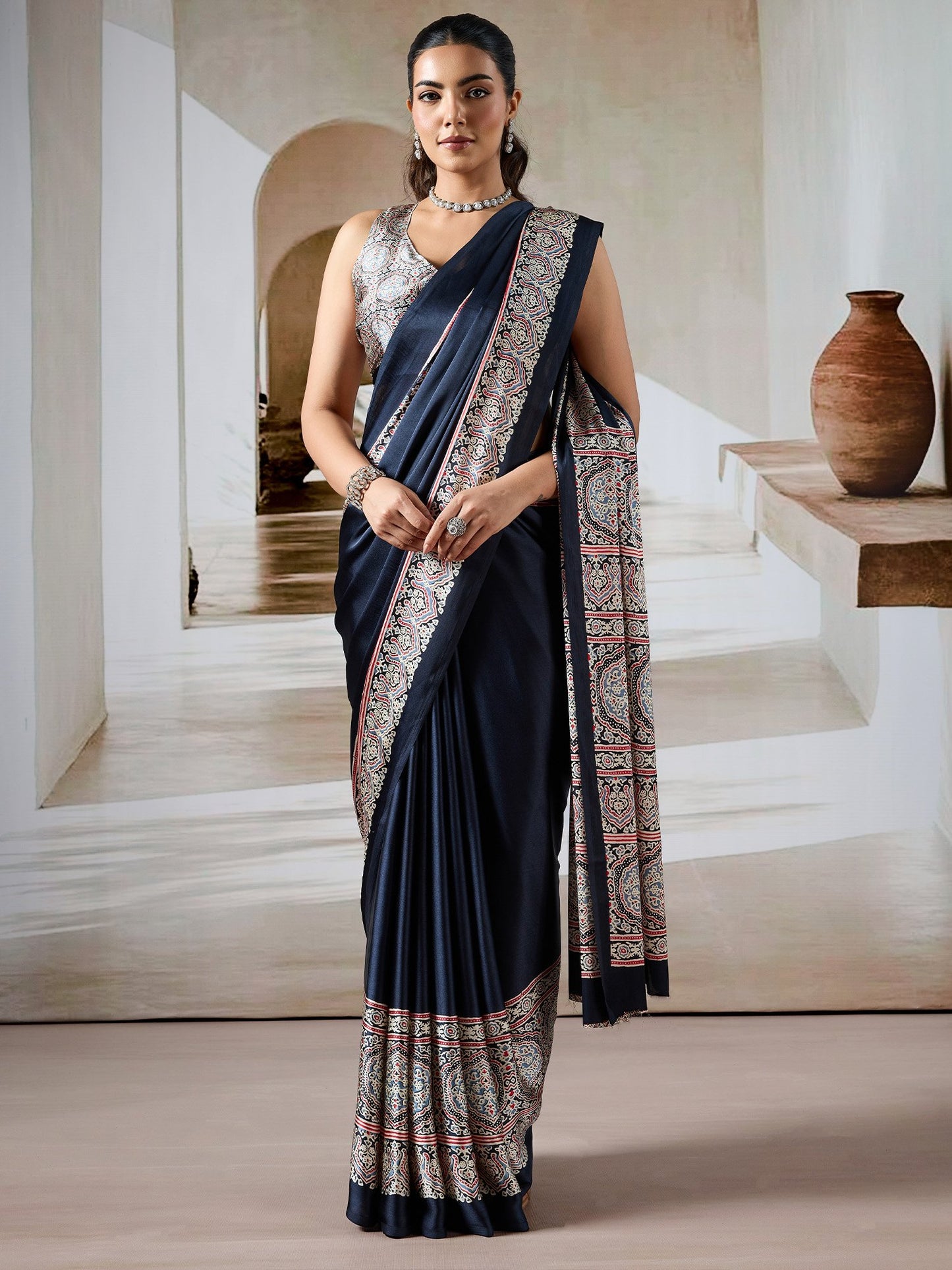 Black Block Print Satin Printed Saree