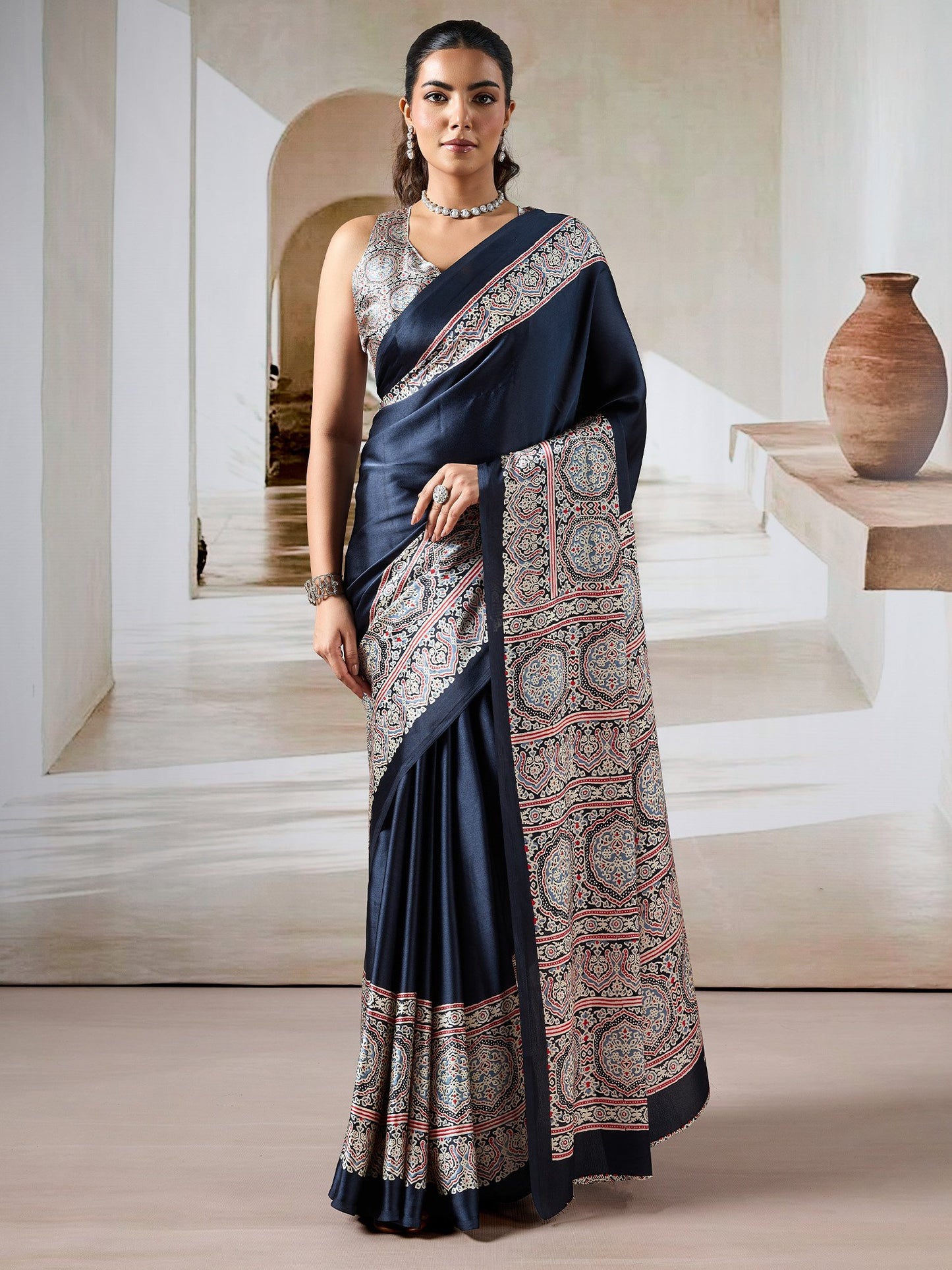 Black Black Block Print Satin Printed Saree