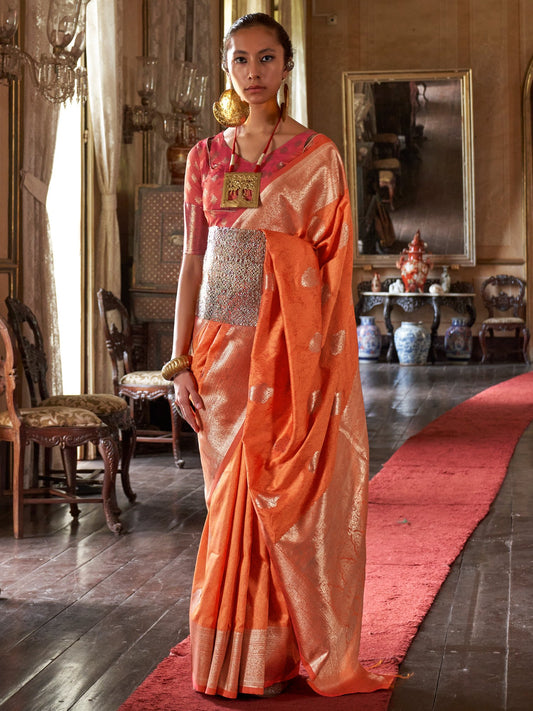 Orange Orange Banarasi Silk Blend Woven Saree